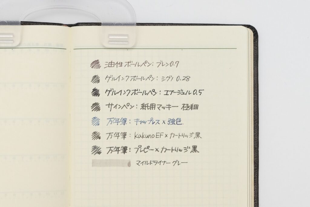 能率手帳ゴールド似さまざまなペンで試し書きした様子
